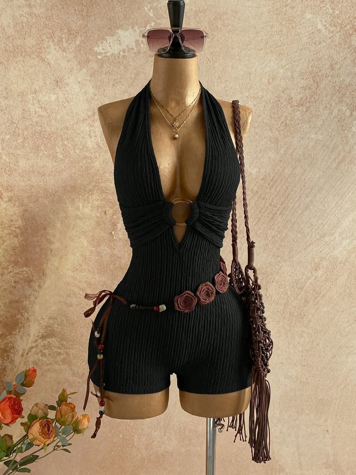 Women's Backless Halter-Neck Sleeveless One-Piece Short Chic Romper with Belt, Stylish Comfortable All-Season Daily Wear
