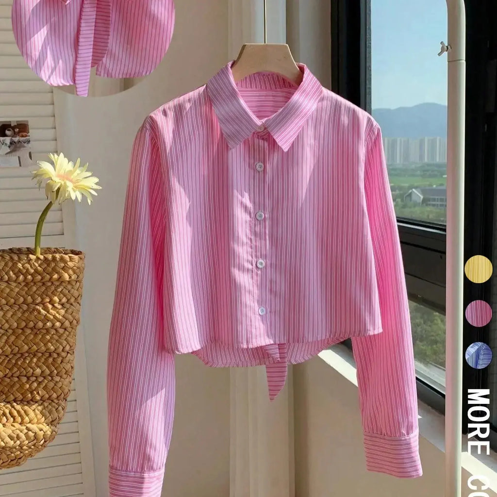 Women's Striped Print Shirt Blouse, Casual Long Sleeve Collared Top for Daily Wear, Casual Daily Tops, Ladies Clothes for All Seasons, Knot Button