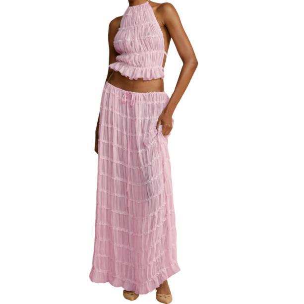 Women’s Two Piece Summer Outfits Sleeveless Ruched Halter Cami Tops and Long Skirt Set Beachwear