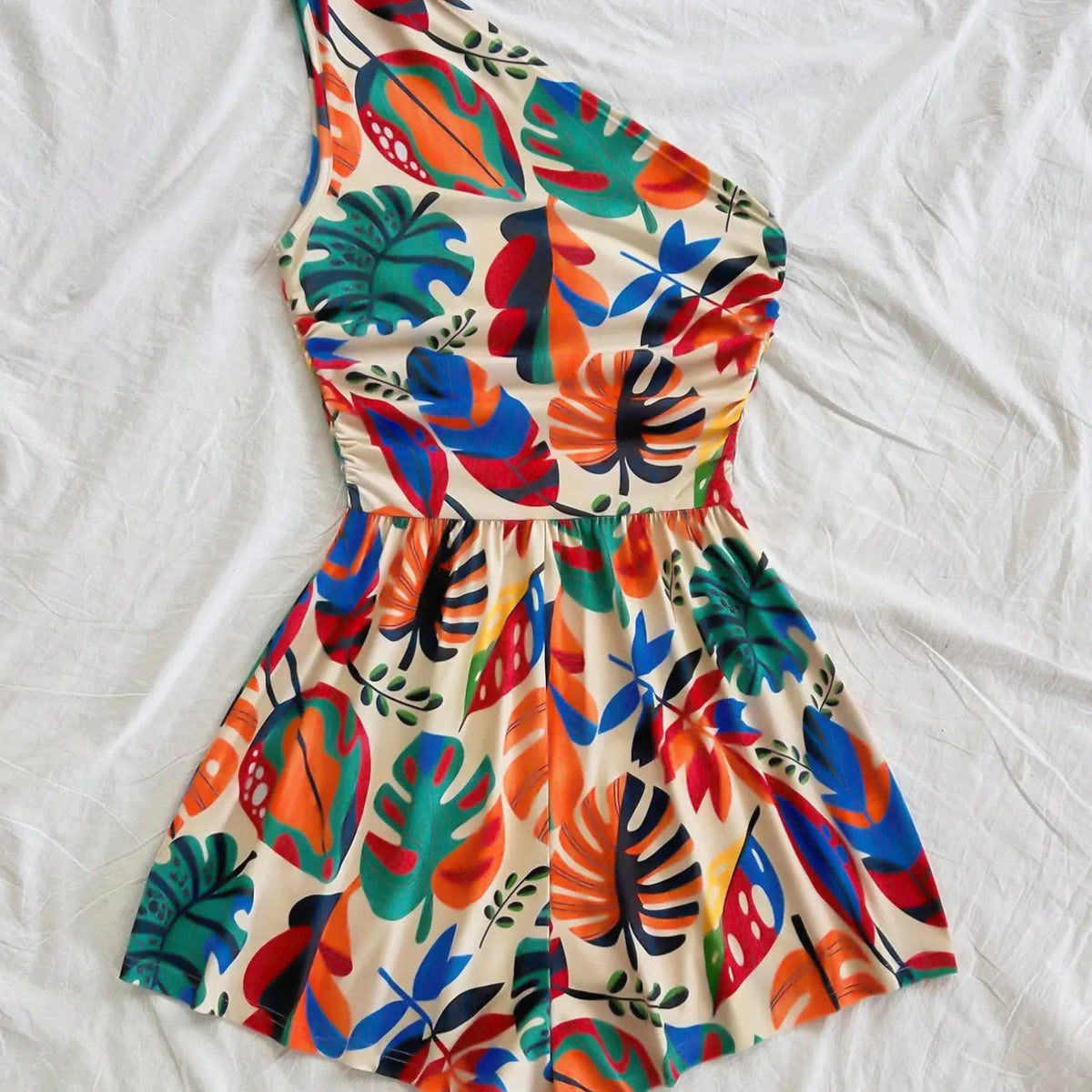 Women's Multicolor Tropical Print One-Shoulder Short Romper, Elastic Waist, Stylish Summer Beach Casual Wear