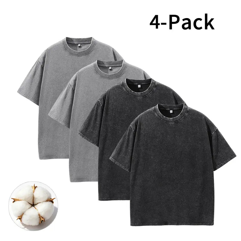 Men's Vintage Washed Cotton Streetwear T-Shirts, 2/4-Pack Oversized Plain Round Neck Bundle Short-Sleeve Tops with Cotton Build for Daily Rotation, Men's T Shirts