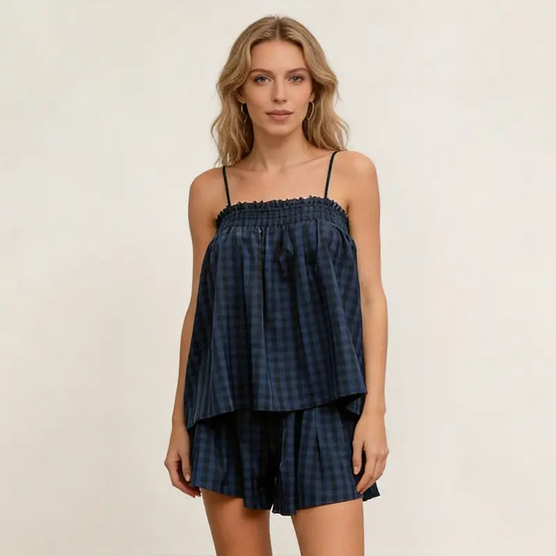 Women's 2 Piece Lounge Outfits Sleeveless Plaid Cami Tank Tops Wide Leg Shorts Sets