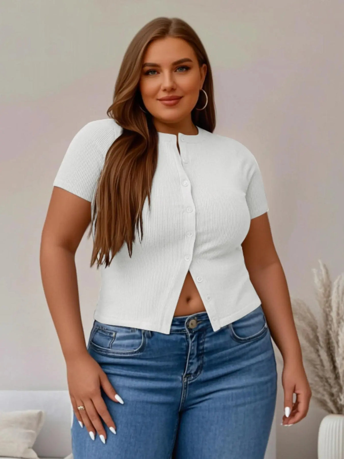 Plus Size Fitted Basic Solid Ribbed Short Sleeve Round Neck Top, Casual Button Front Button Down Closure Top for Summer, Women's Clothing for Daily Wear