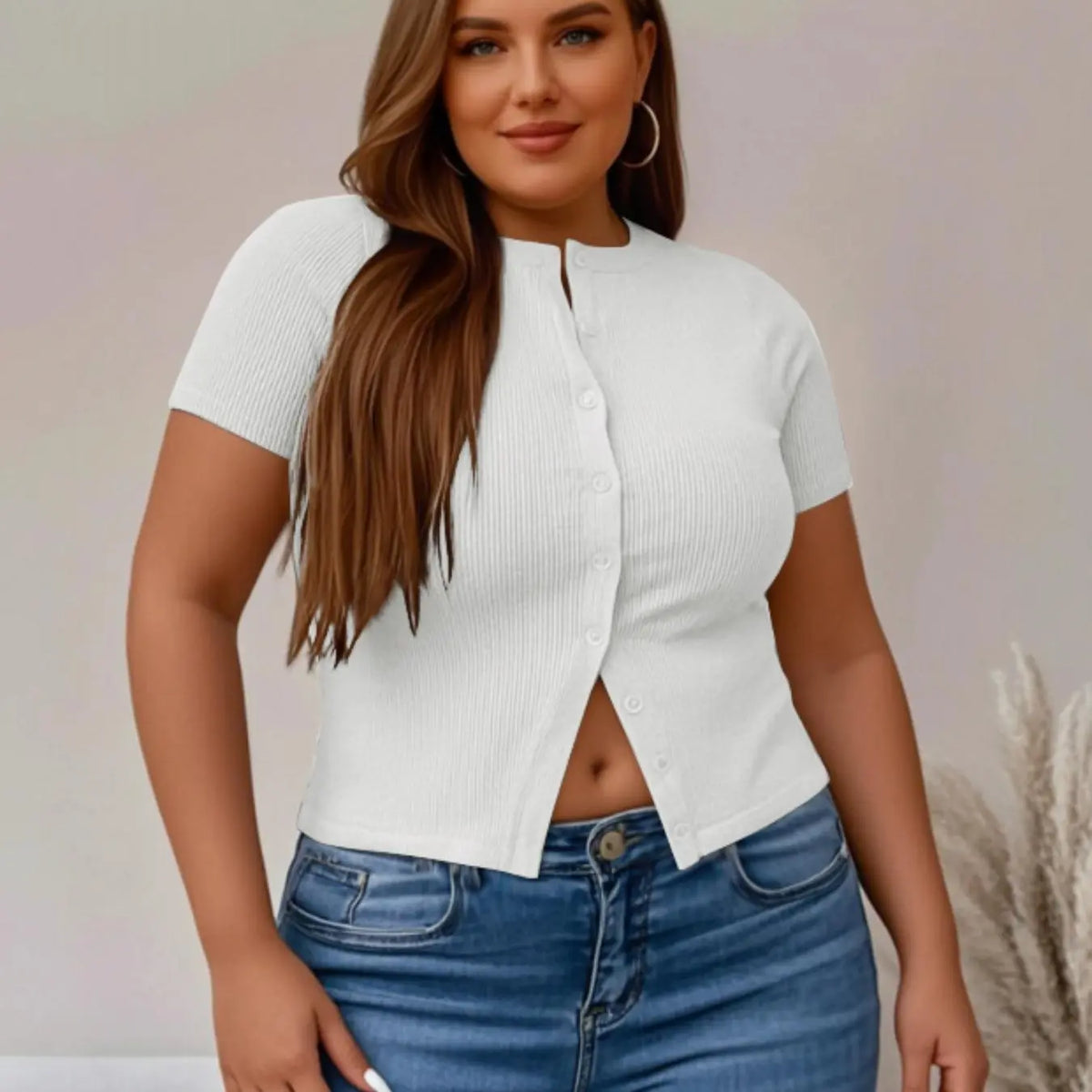 Plus Size Fitted Basic Solid Ribbed Short Sleeve Round Neck Top, Casual Button Front Button Down Closure Top for Summer, Women's Clothing for Daily Wear