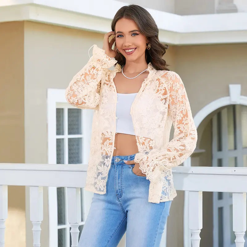 Chicovar Women's  Floral Lace Sheer Blouse, Long Sleeve Button Front Mesh Top with Drawstring Cuffs, Lightweight Romantic Overlay Shirt,Perfect for Date Night, Party, Casual, or Vacation, Summervibes