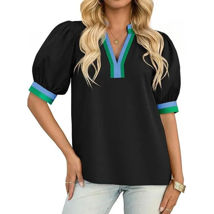 TANKANEO Women's Elegant Chic V-Neck Puff Sleeve Polyester Blouse - Dressy Tops for Coffee, Party, Summer, Loose Fit with Floral or Leopard Prints, Blouses for Women