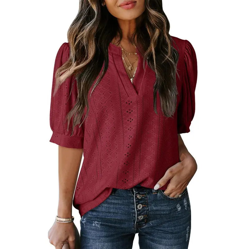 Dokotoo Women's Summer Business Casual Blouses V Neck Short Sleeve Shirts Hollow Out Cute Lace Tops Loose Fit Breathable Fabric