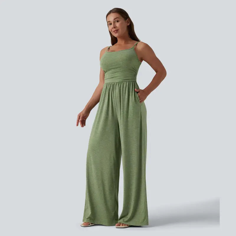 Halara Adjustable Straps Ruched Wide Leg Heathered Casual Jumpsuit with Pockets-Easy Peezy