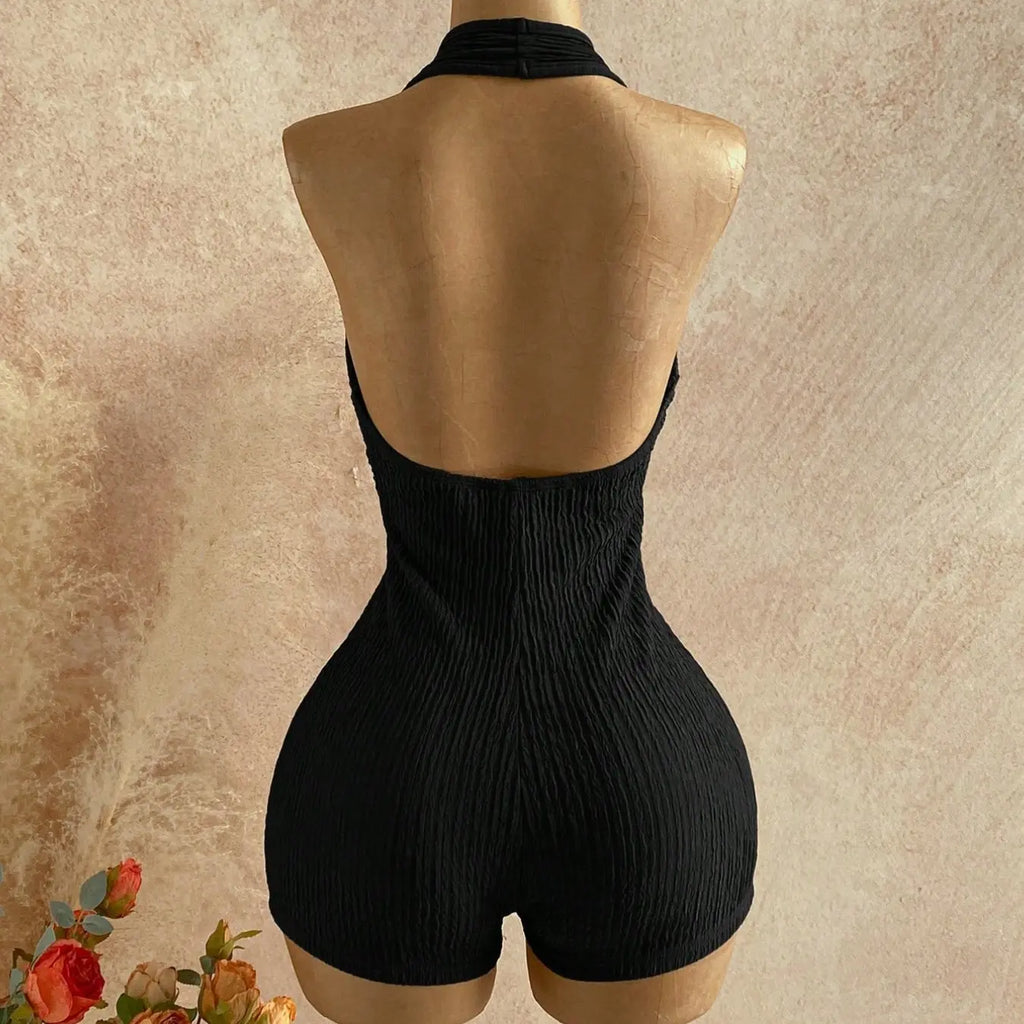 Women's Backless Halter-Neck Sleeveless One-Piece Short Chic Romper with Belt, Stylish Comfortable All-Season Daily Wear