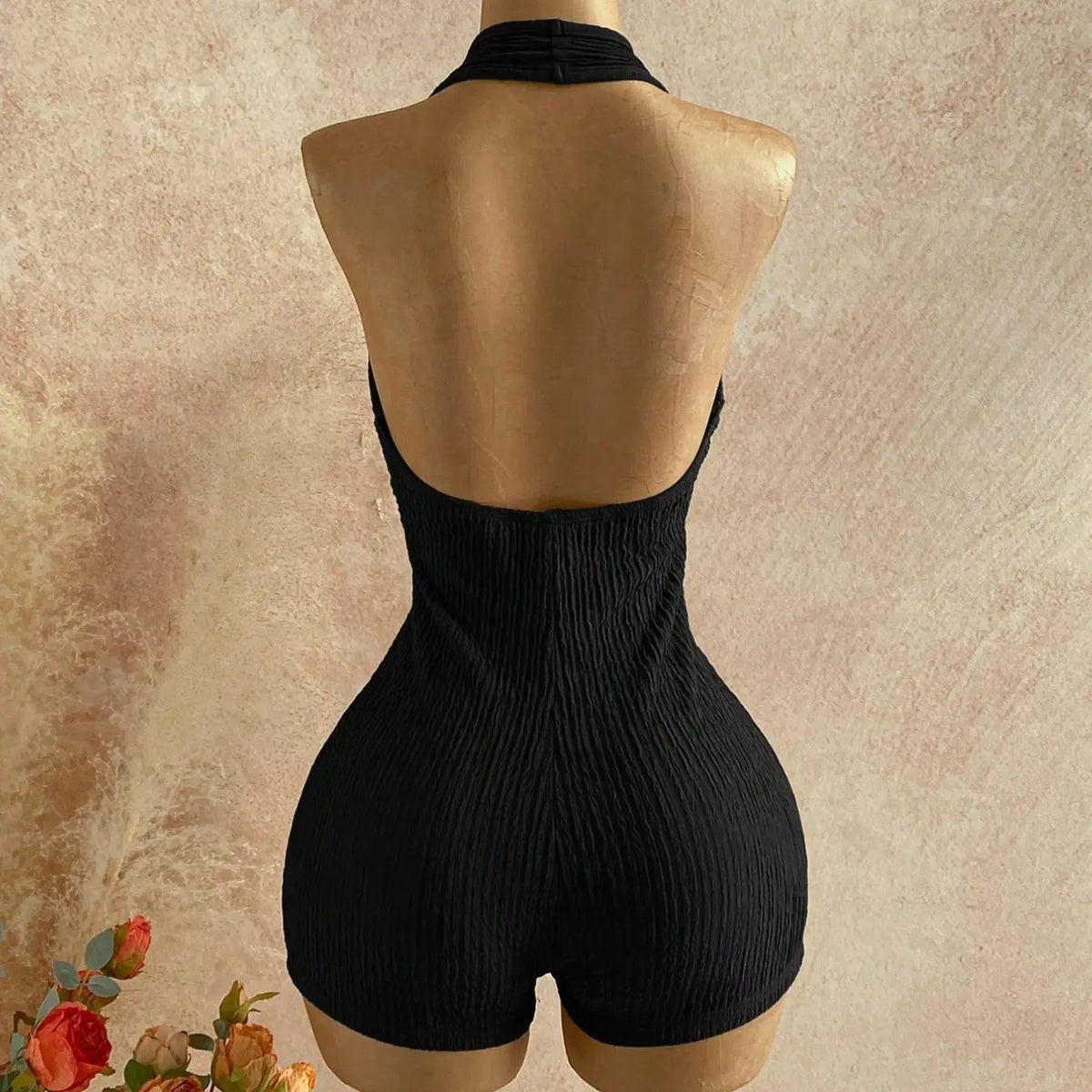 Women's Backless Halter-Neck Sleeveless One-Piece Short Chic Romper with Belt, Stylish Comfortable All-Season Daily Wear