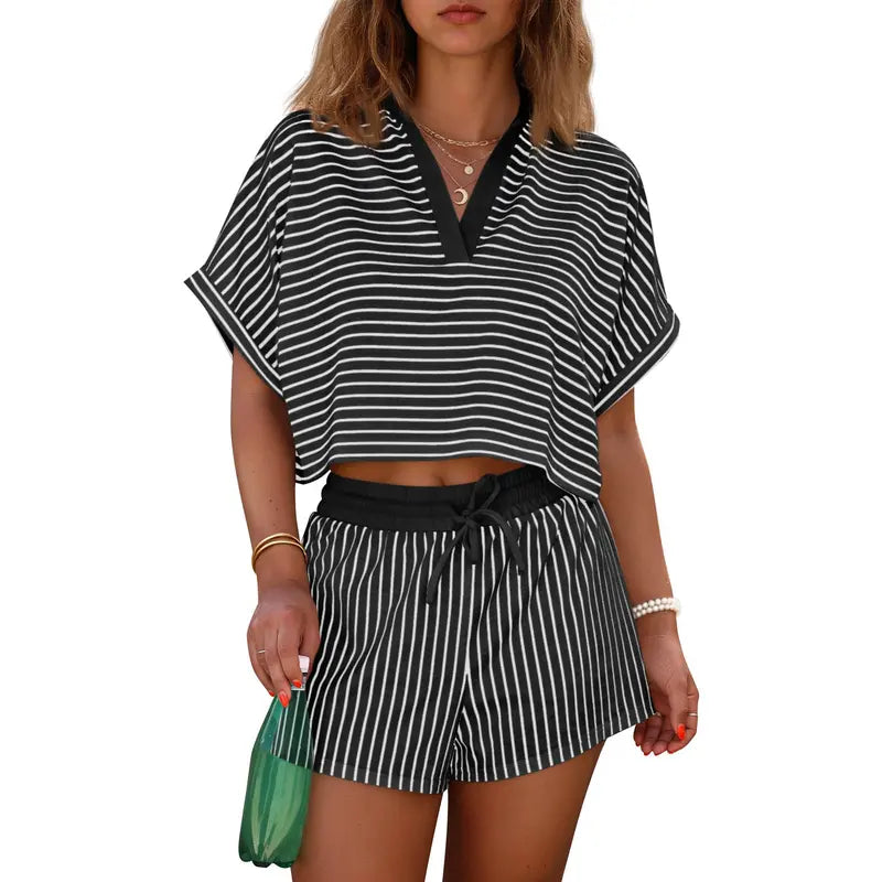 Cicy Bell Womens Striped 2 Piece Short Sets Summer Short Sleeve Collared V Neck Cropped Tops Vacation Casual Lounge Outfits