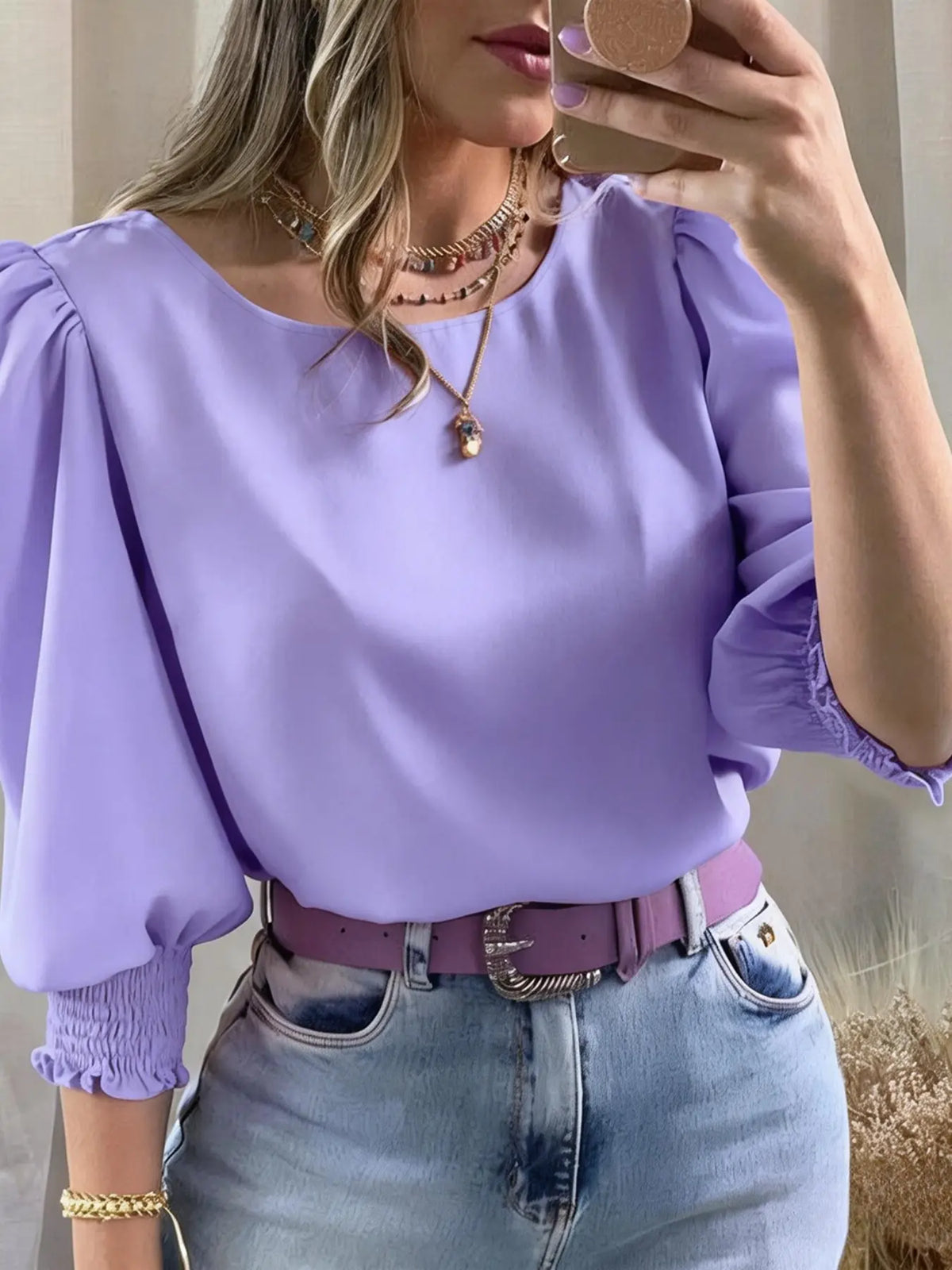 Women's Elegant Casual Chic Shirt with Gathered Cuffs, Boho Loose Blouse, Fashionable Blouse for Daily Wear, Stylish Ladies' Top for Comfort and Style