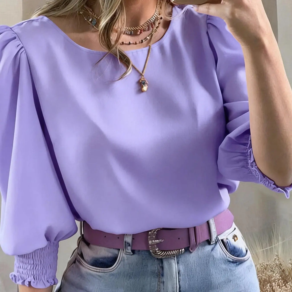 Women's Elegant Casual Chic Shirt with Gathered Cuffs, Boho Loose Blouse, Fashionable Blouse for Daily Wear, Stylish Ladies' Top for Comfort and Style