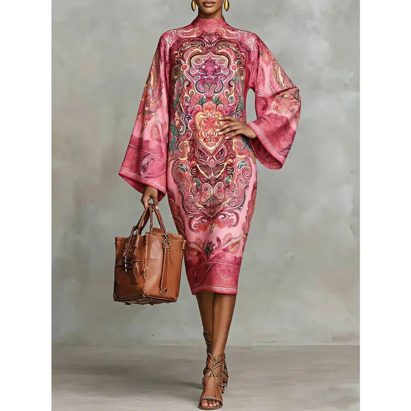 Women's 2026 New Spring Autumn Vintage Elegant Printed Mock Neck Midi Dress, Long Sleeves Loose Contrast Color Elegant Evening Midi Dresses Robe Womenswear