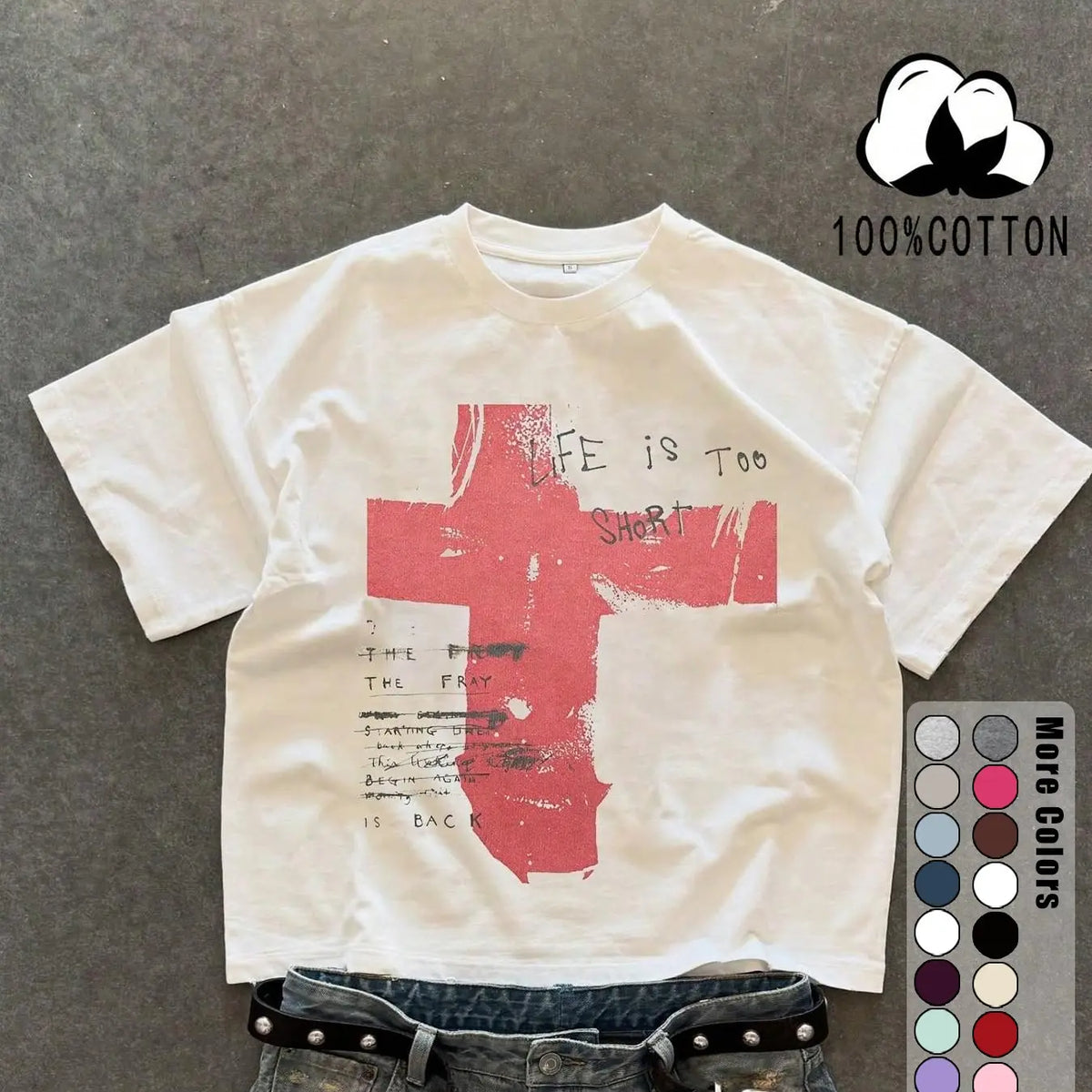 Unisex 100% Cotton Short Sleeve T-Shirt, Cross Graffiti Print, Y2K Dark Gothic Street Style, Streetwear, Casual Daily Wear, Loose-Fitting, Long Length, Aesthetic, Relaxed Fit