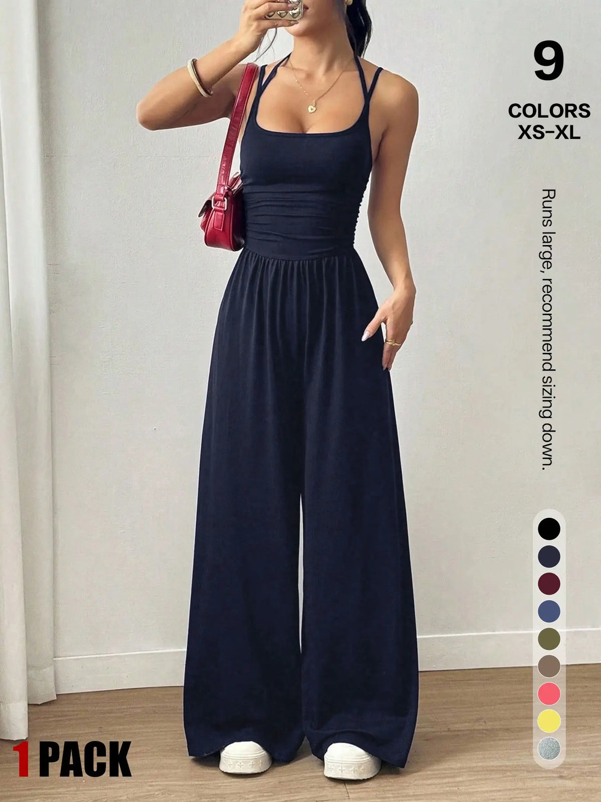 Women's Backless Jumpsuit, Basic Spaghetti Strap Smocked Bodice One Piece Romper, Sleeveless Wide Leg Casual Outfit, No Pockets, All Seasons Vacation Wear