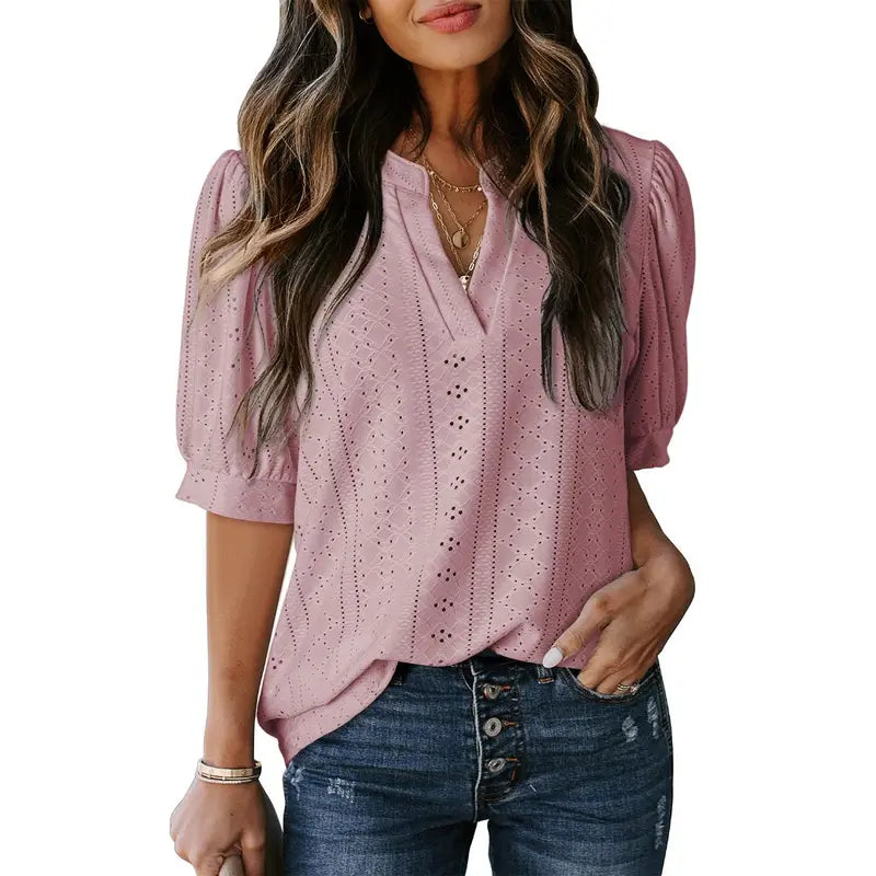 Dokotoo Women's Summer Business Casual Blouses V Neck Short Sleeve Shirts Hollow Out Cute Lace Tops Loose Fit Breathable Fabric