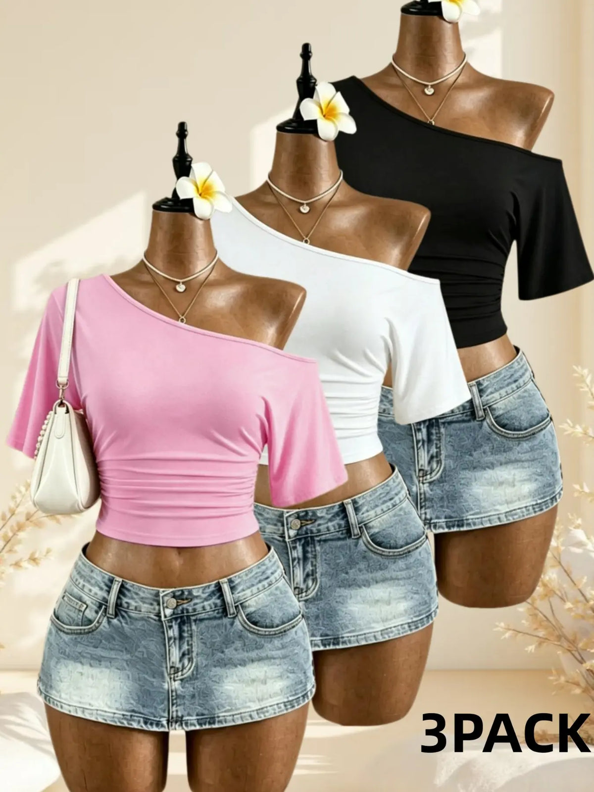 American Vintage Summer Asymmetrical Shoulder Pleated Short Sleeve Top, Polka Dot Solid Color Waist Cinch Slim Fit T-Shirt Set of Three