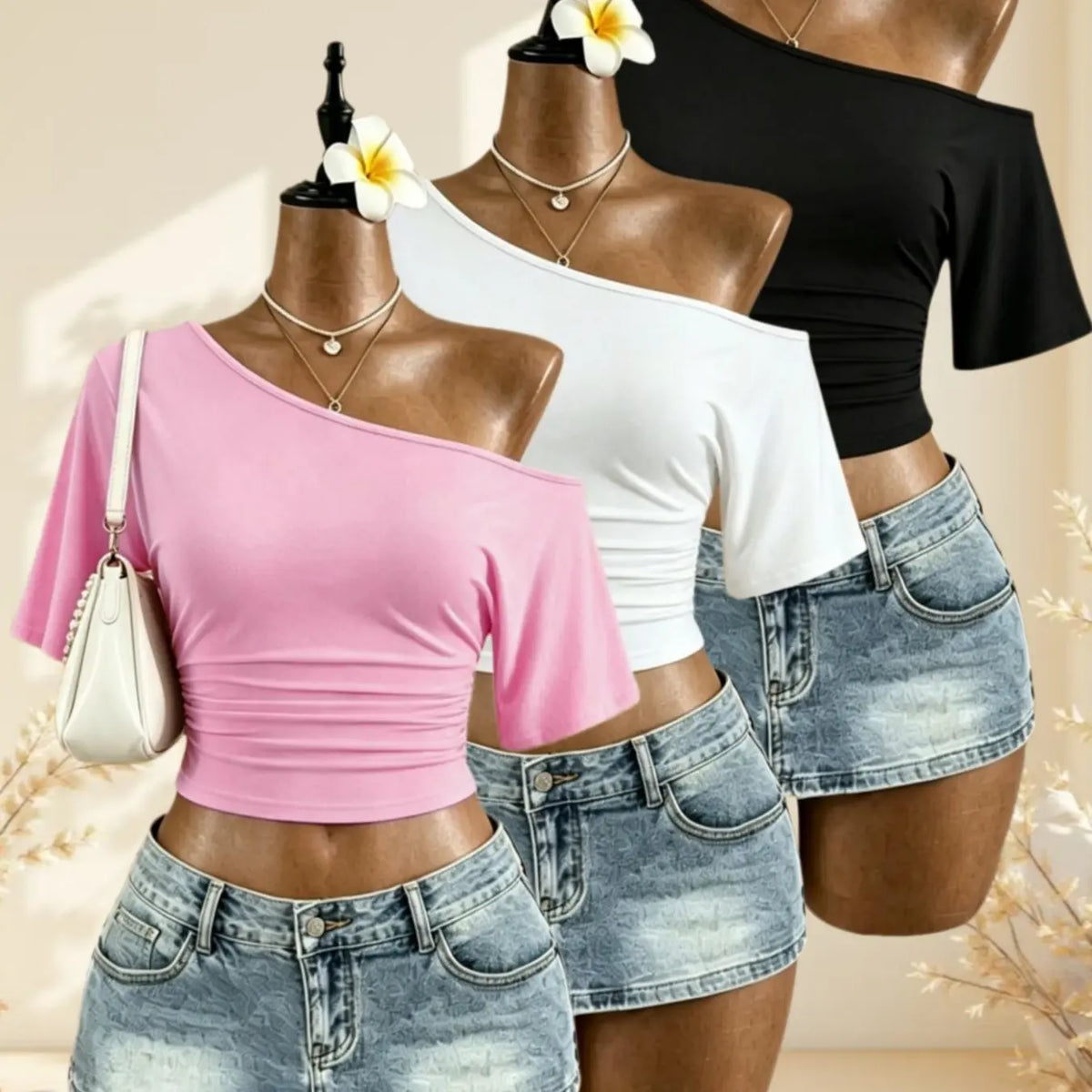 American Vintage Summer Asymmetrical Shoulder Pleated Short Sleeve Top, Polka Dot Solid Color Waist Cinch Slim Fit T-Shirt Set of Three