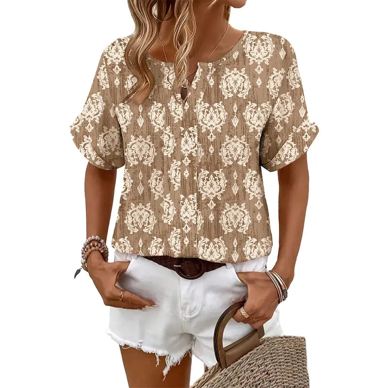Shewin Women's Summer Abstract Graphic Woven Top, Split Notch V-Neck, Rolled Cuff Short Sleeve, Loose Fit Casual Pullover Blouse