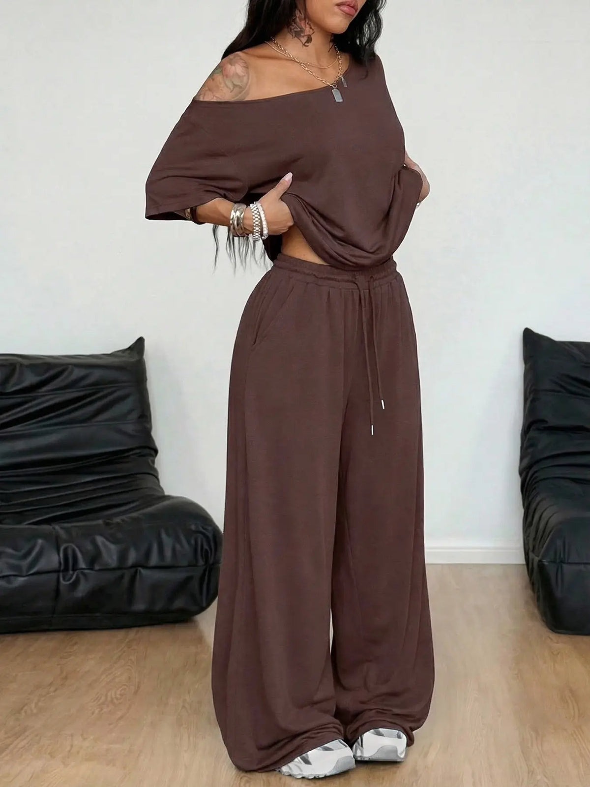 2pcs/Set Women's Minimalist Basic Daily Wear Going Out Sport Comfortable Off Shoulder T-Shirt And Wide Leg Pants Two Pieces Outfits Clothes