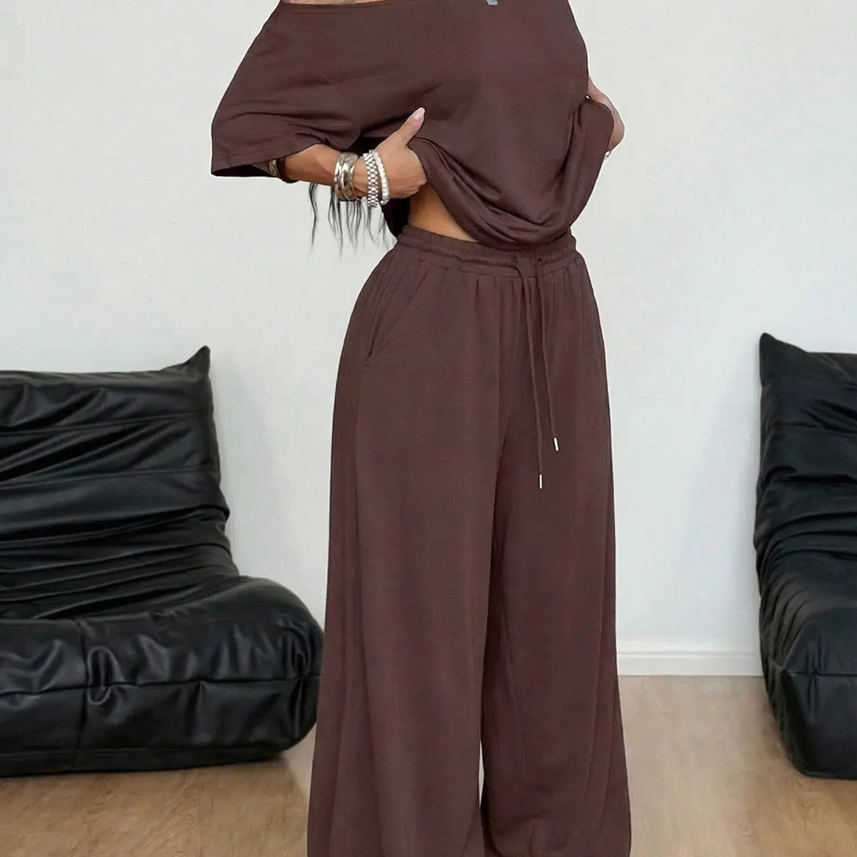 2pcs/Set Women's Minimalist Basic Daily Wear Going Out Sport Comfortable Off Shoulder T-Shirt And Wide Leg Pants Two Pieces Outfits Clothes