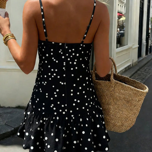 Elegant French Style Chic Short Beach Summer Dress for Women, Detachable Brooch, Ruffled Hem, Polka Dot Print, V-Neck Spaghetti Strap Strappy Sleeveless Dress, Dresses for Party