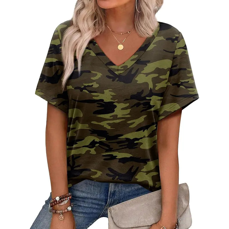 WIHOLL Women's 2026 Summer Basic Trendy Blouses - V-Neck Shortsleeve Lightweight Digital Print 12 Top, Stylish Dressy Casual Vacation Outfit, Women's Clothing