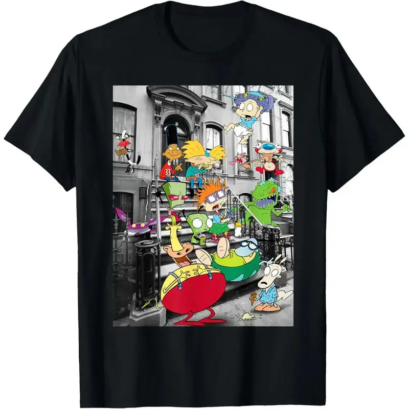 Men's Vintage Streetwear T-Shirt with Double-Sided 90s Cartoon Graphic, Casual Round Neck Short Sleeve Top in 100% Cotton