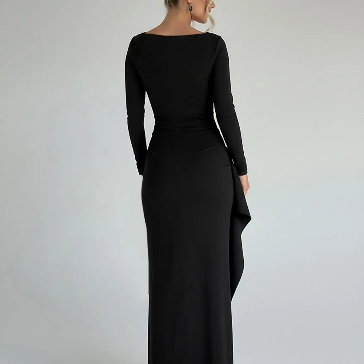 Elegant Series Square Neck Solid Color Folds Side High Slit Split Thigh Dress Black Long Sleeved Tight Lady Dress, Sexy Backless Formal Party, Event And, 2026 Spring Fashion New Style Gowns, Womenswear