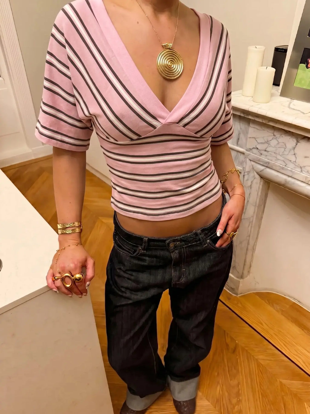 Striped V-Neck Wrap Top, Form-Fitting Puff Sleeve Y2K Crop Blouse, Stylish, Comfortable and Fashion Piece for Everyday Wear, Casual Everyday Tops