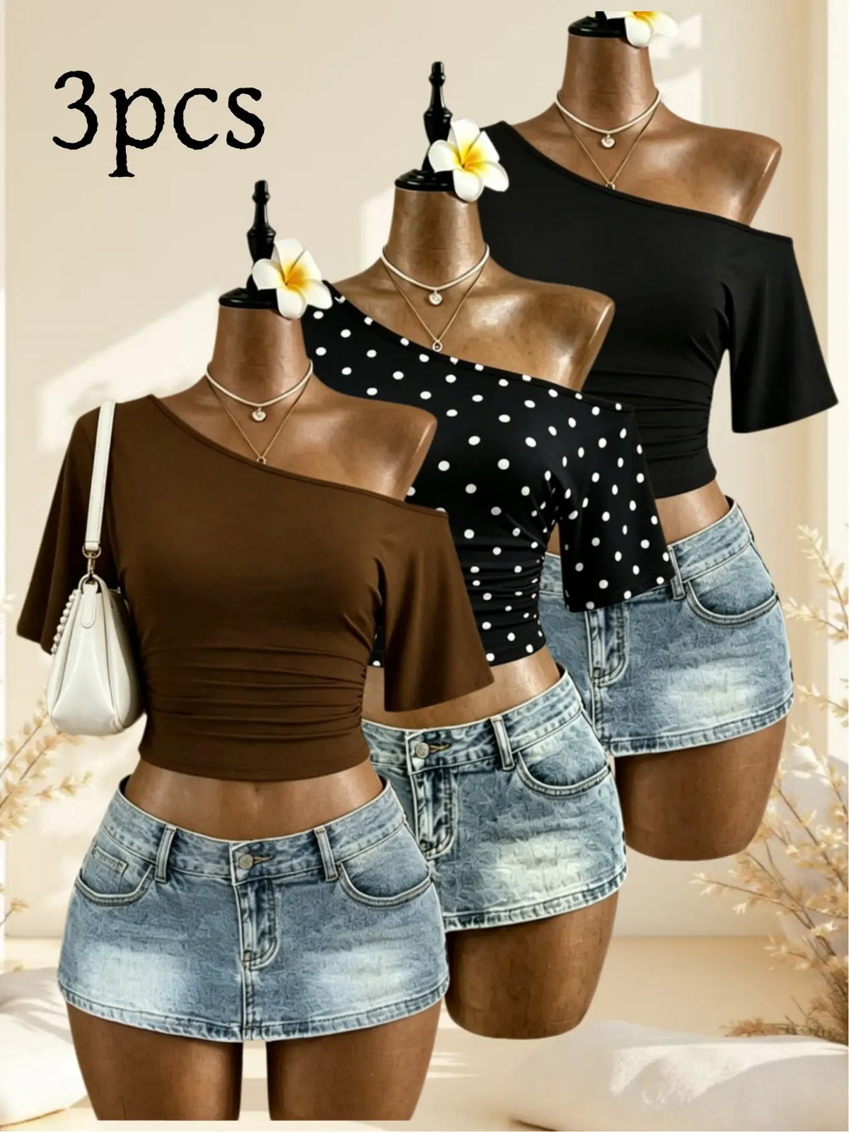 American Vintage Summer Asymmetrical Shoulder Pleated Short Sleeve Top, Polka Dot Solid Color Waist Cinch Slim Fit T-Shirt Set of Three