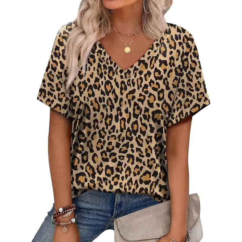 WIHOLL Women's 2026 Summer Basic Trendy Blouses - V-Neck Shortsleeve Lightweight Digital Print 12 Top, Stylish Dressy Casual Vacation Outfit, Women's Clothing