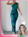Women's Graphic Print Asymmetrical Neck Dress, Elegant Slim Sleeveless Split Dress Formal Wear for Party, Holiday and Wedding Guest, Ladies Summer Clothes