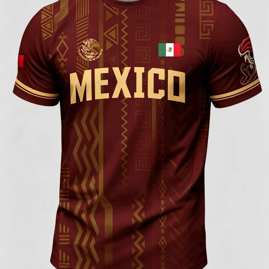 Men's Summer Short Sleeve T-Shirt Mexican Tourism Cultural Souvenir, Country Graphic Tee, Dark Pattern Round Neck, Outdoor Casual Fashion Print