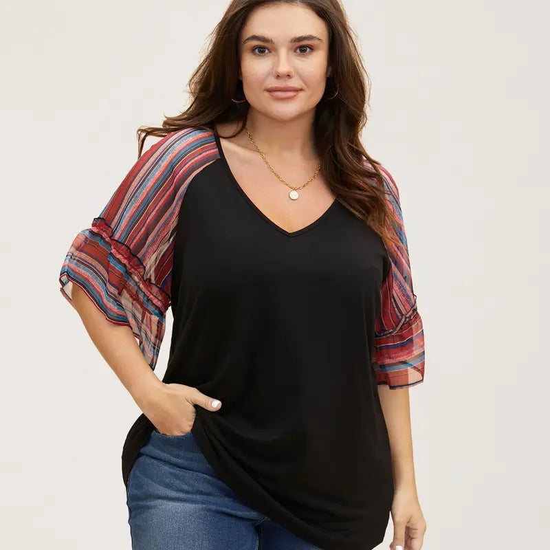 BloomChic Boho Print Patchwork Raglan Sleeve T-shirt 【M-6XL】