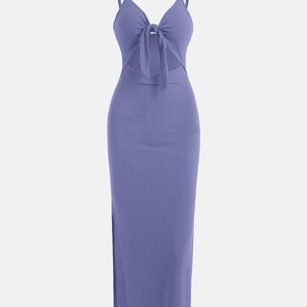 Women's Plain Cut Out Knot Front Split Thigh Bodycon Long Dress, Spaghetti Strap Sleeveless, Summer Clothes Women, Solid Cami Dress, Ladies Casual Summer Evening Party Nightclub Dress