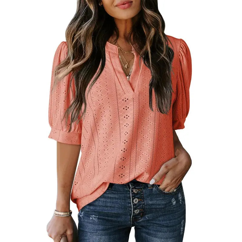 Dokotoo Women's Summer Business Casual Blouses V Neck Short Sleeve Shirts Hollow Out Cute Lace Tops Loose Fit Breathable Fabric