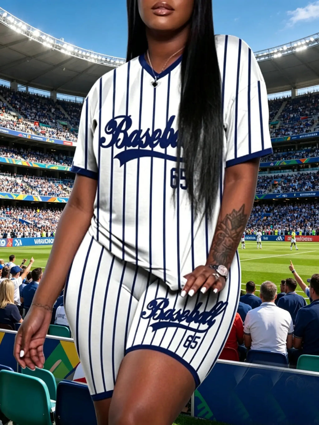 Women's Casual Stripe Print V Neck Two-Piece Set, Baseball Style Fitted Regular Length Tops & Shorts Set, Medium-Weight Fabric, Stretchy Summer Outfit