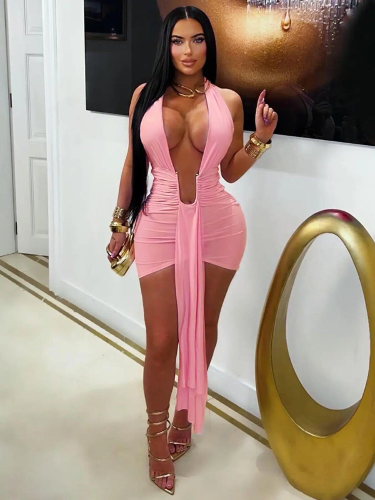 Women's Deep Plunge Halter Bodycon Dress with Metal Ring, Sexy Party Dress for Nightclubs, Music Festivals, and Cocktail Parties, Fit