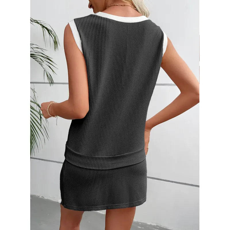 EVALESS Women's 2-Piece Sets Casual Crewneck Ribbed Sleeveless Knit Top & Split Lined Skirt Two Pieces Soft Matching Set Basic Summer Outfits 2026 WOmenswear SummerVibes  Deals For You Days summer outfits High Waisted Style Clothes Elastic Athletic Suits