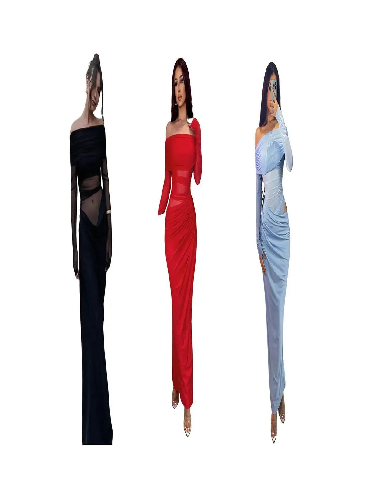 Women's Plain Off Shoulder Ruched Sheer Mesh Dress, 2025 Elegant Long Sleeve Long Dress for Party Banquet, Ladies Summer Clothes
