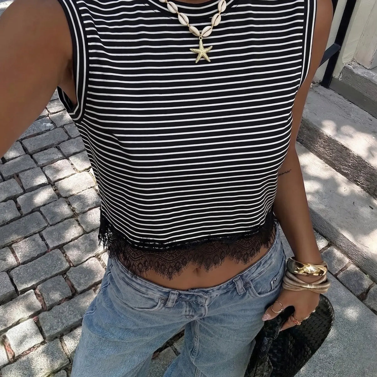 American-Style Striped Lace Sleeveless Top, Classic Retro Design, Casual Everyday Wear, Womenswear