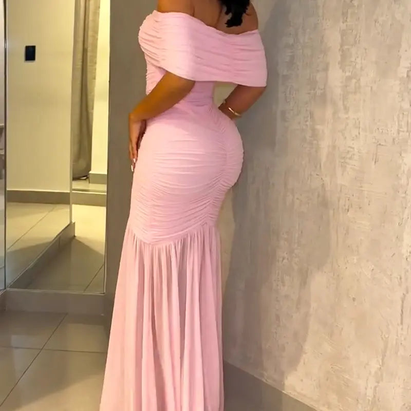 CHICME Women's Off-Shoulder Foldover Ruched Cinched Waist Minimalist Slim-Fit Mermaid Hem Evening Gown - Bump-Friendly Party & Wedding Guest Dress