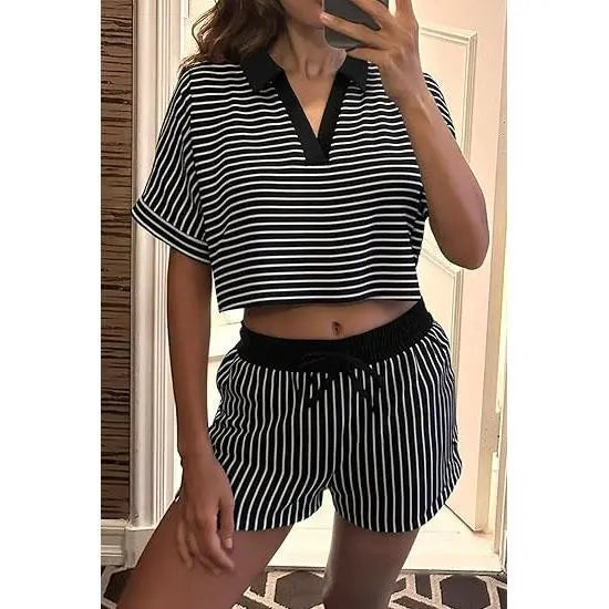 Cicy Bell Womens Striped 2 Piece Short Sets Summer Short Sleeve Collared V Neck Cropped Tops Vacation Casual Lounge Outfits