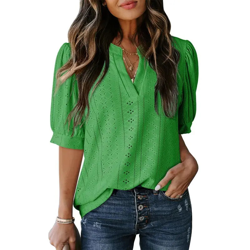 Dokotoo Women's Summer Business Casual Blouses V Neck Short Sleeve Shirts Hollow Out Cute Lace Tops Loose Fit Breathable Fabric