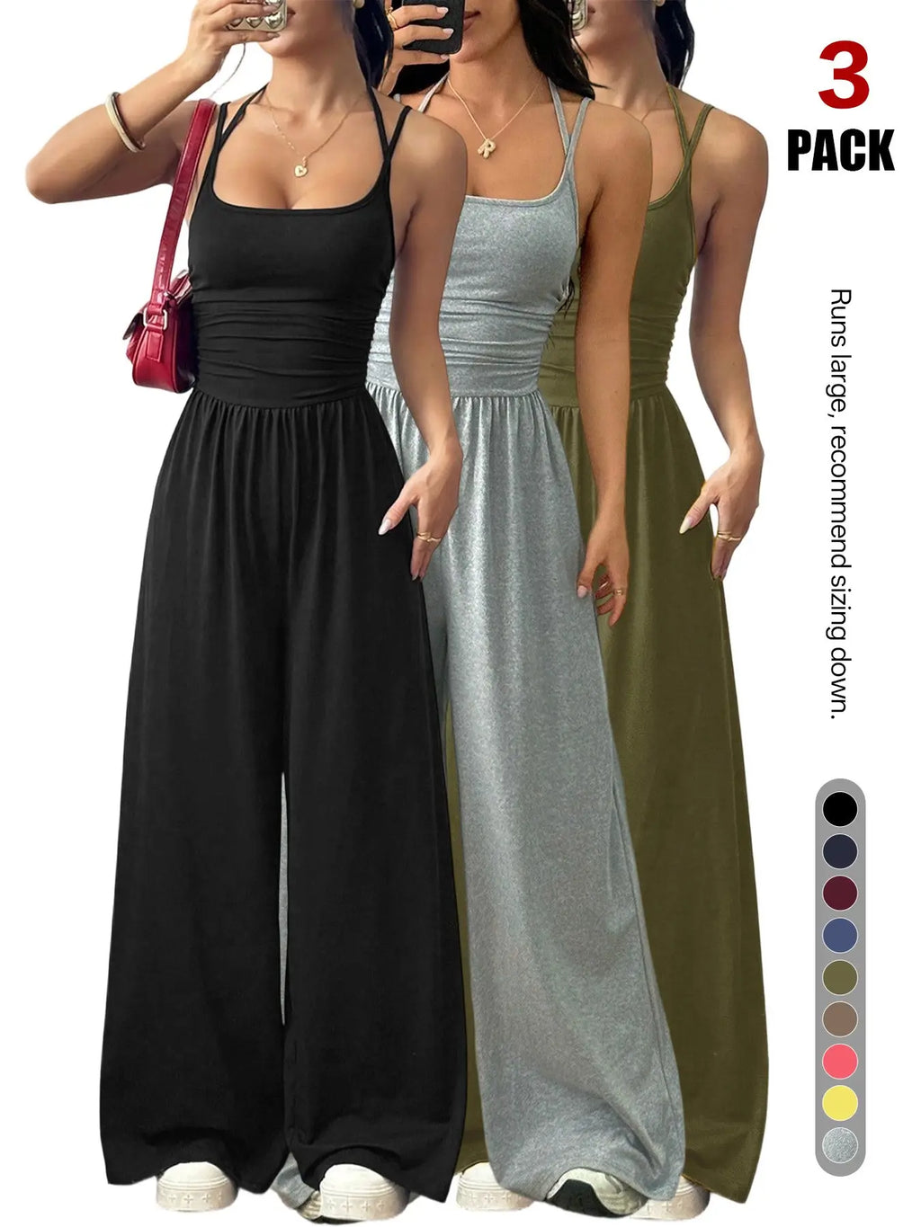Women's Backless Jumpsuit, Basic Spaghetti Strap Smocked Bodice One Piece Romper, Sleeveless Wide Leg Casual Outfit, No Pockets, All Seasons Vacation Wear