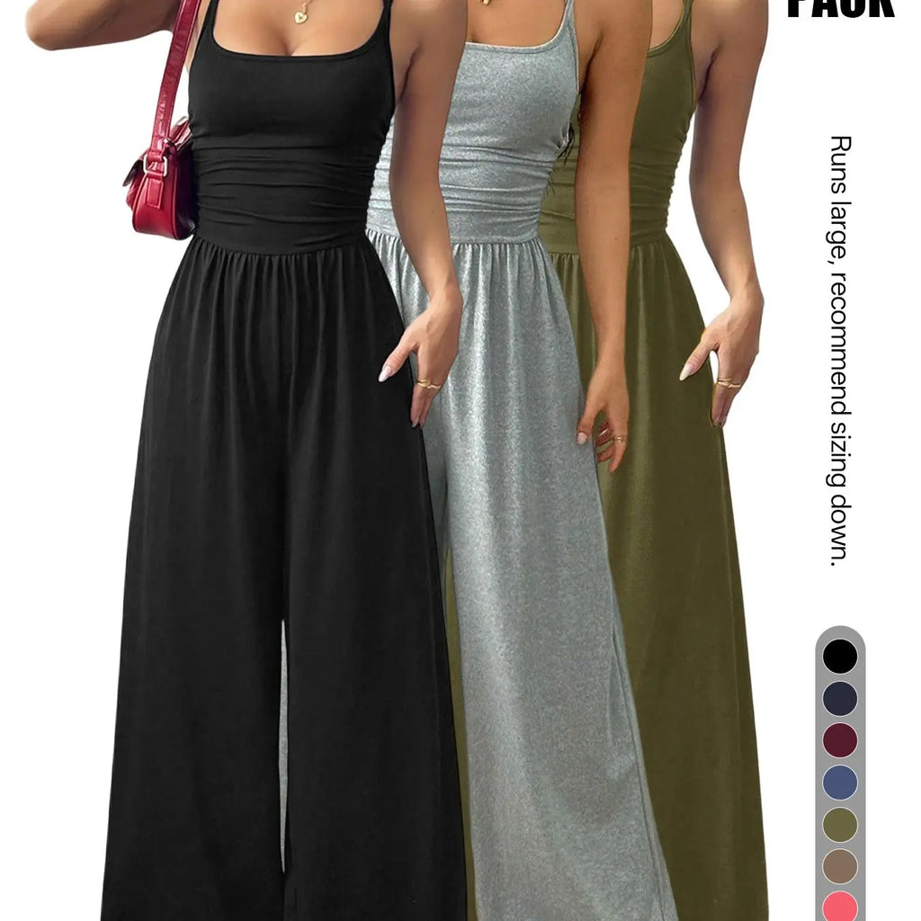 Women's Backless Jumpsuit, Basic Spaghetti Strap Smocked Bodice One Piece Romper, Sleeveless Wide Leg Casual Outfit, No Pockets, All Seasons Vacation Wear