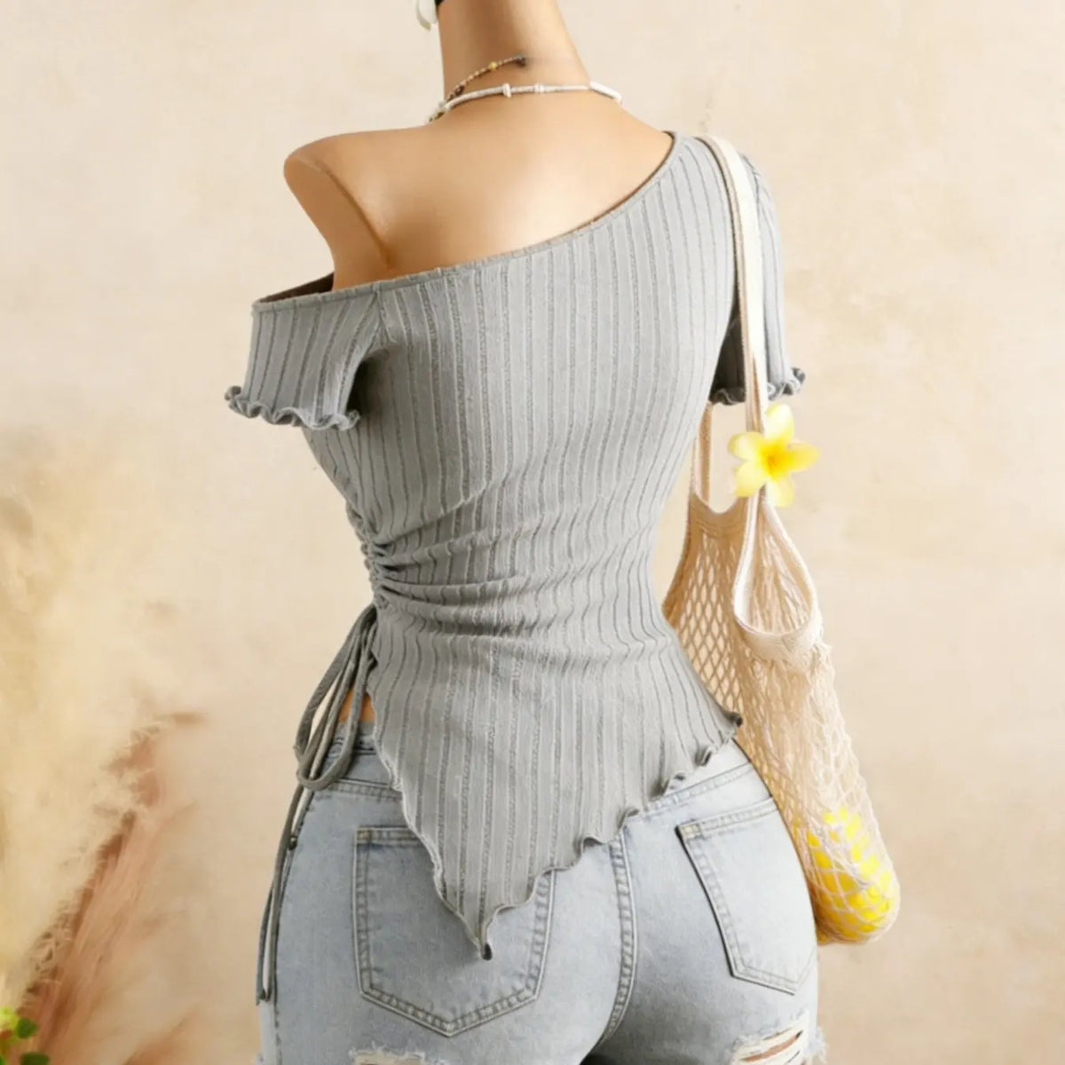 Fashion Asymmetrical Shoulder Top for Women, Womenswear Knitted Ribbed Hem Short Sleeve T-Shirt with Adjustable Side Tie, Stylish Casual Wear, Lady