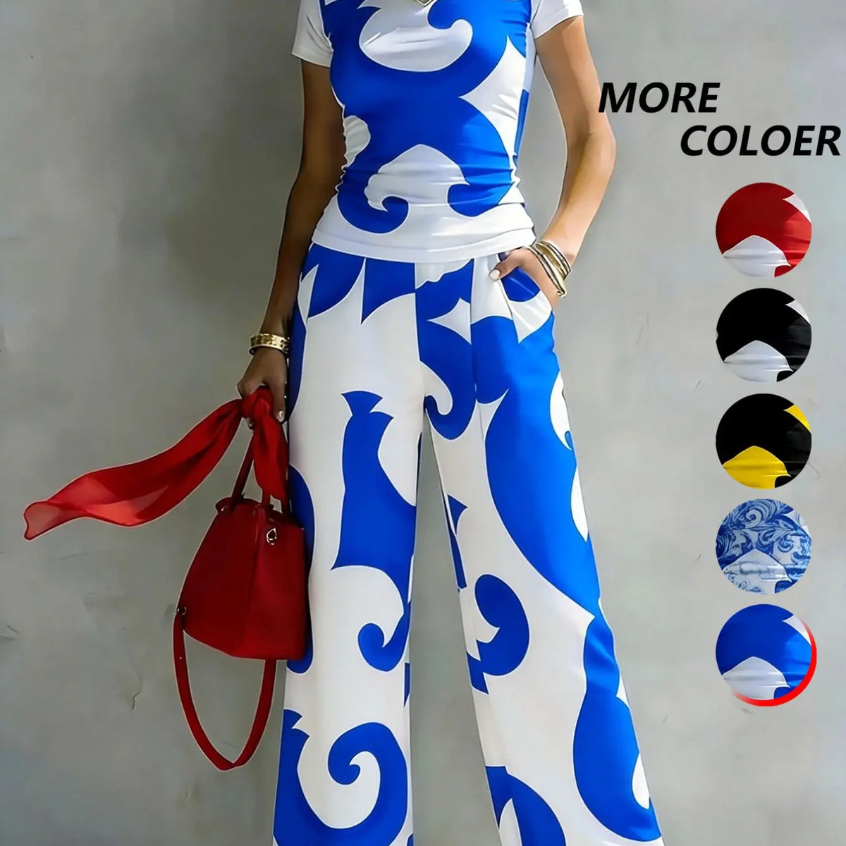 Women's Casual Two-Piece Set, Round Neck T-Shirt with Geometric Random Print, High-Waisted Pocket Wide Leg Pants, Urban Leisure, Matching, Casual Everyday Set